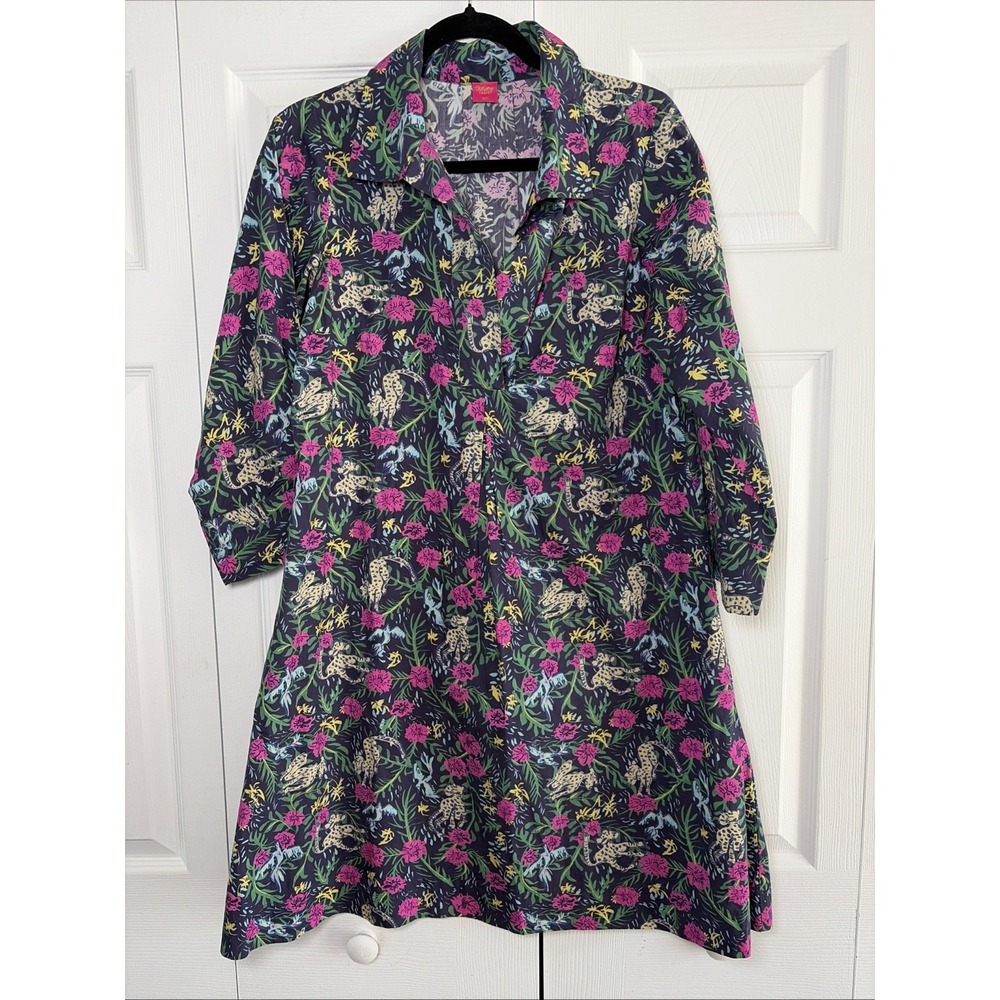 The Tiny Tassel Jungle Cheetah Shirt Dress Womens XS Navy Floral Cotton Pockets